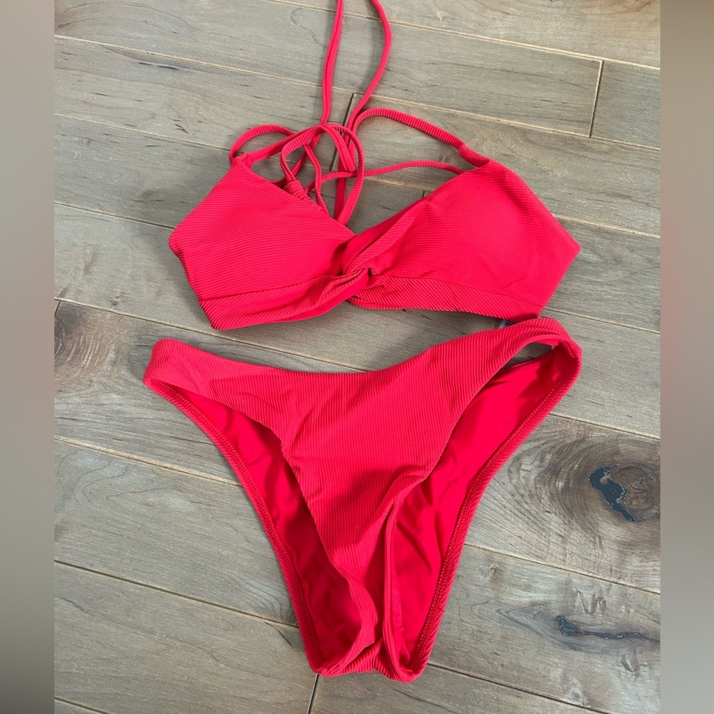 Red Ribbed Twist-Front Bikini Set - Women's Swim